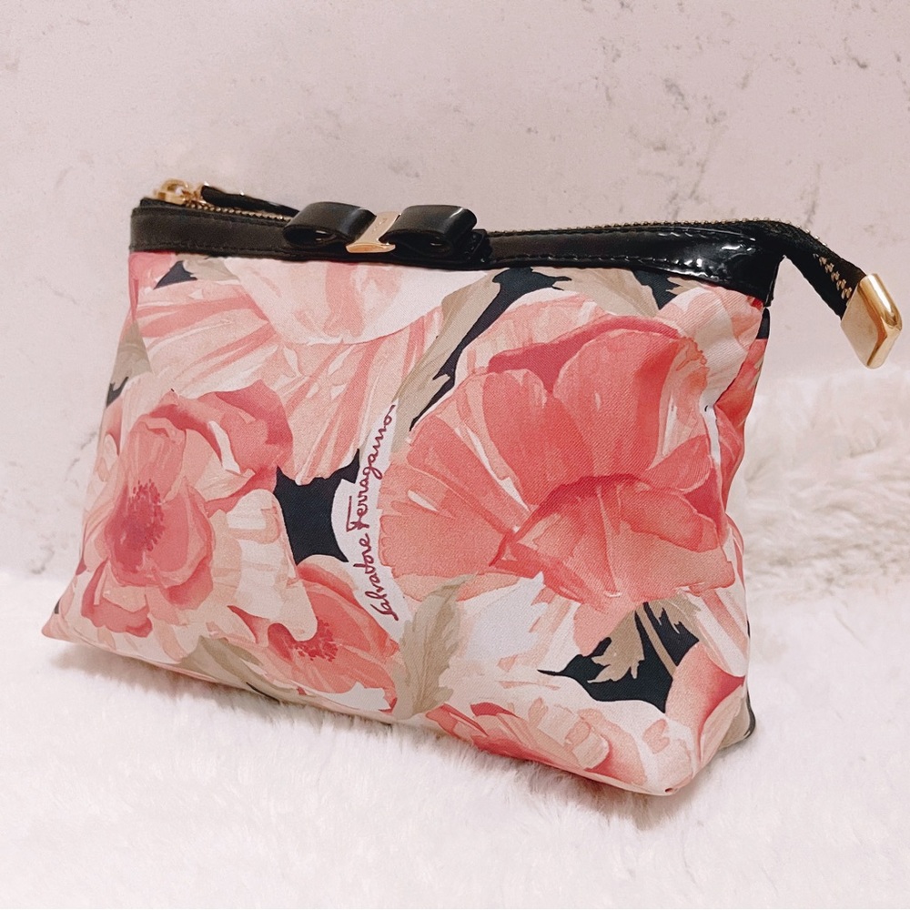 Authentic Salvatore Ferragamo Vintage Floral Bow Cosmetic Bag